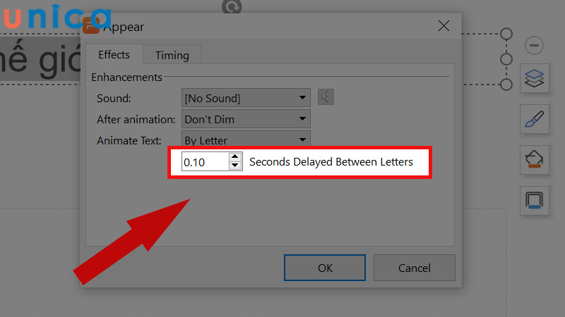 Tại mục Seconds Delayed Between Letters chọn 0.1