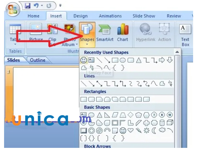 Chọn tab Insert vào mục Shape