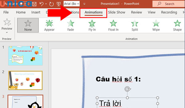 Chọn Animations để tạo hiệu ứng