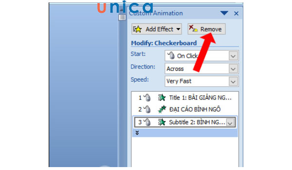 Chọn Remove để xoá hiệu ứng