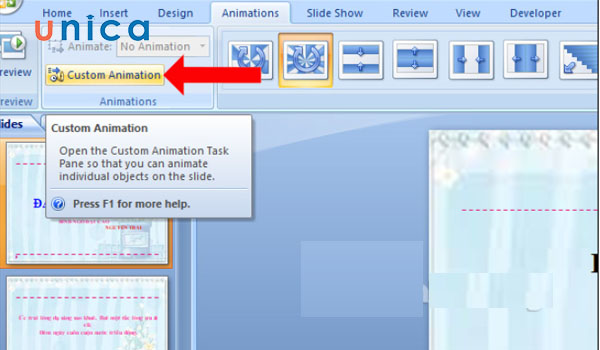 Chọn Custom Animation để thay đổi hiệu ứng