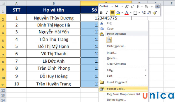 Chọn Format Cells