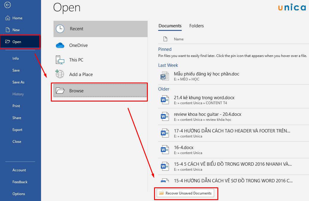 Mở tính năng Recover Unsaved Document để khắc phục lỗi file Word không mở được 