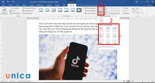 Chọn Position và chọn vị trí mong muốn trong With Text Wrapping