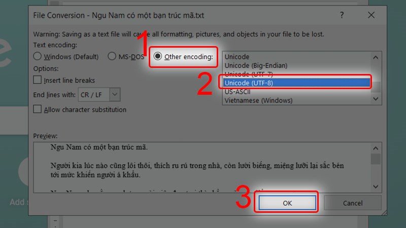 Tích chọn Other encoding và chọn Unicacode(UTF-8)