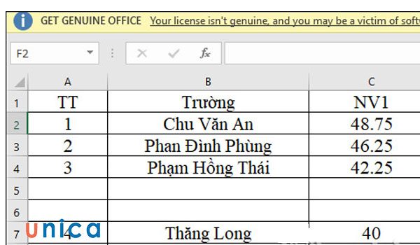 Bảng dữ liệu cho sẵn