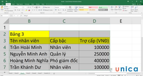 Bôi đen toàn bộ vùng dữ liệu trong bảng 3