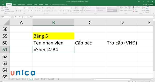 Nhập công thức =Sheet4!B4 vào ô B61