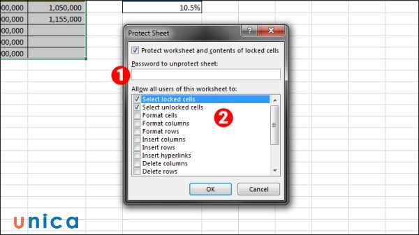 Đặt mật khẩu trong ô Password to unprotect sheet