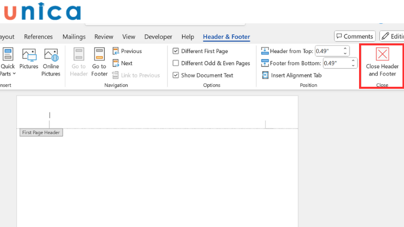 Ấn vào mục Close Header and Footer để thoát chế độ chỉnh sửa