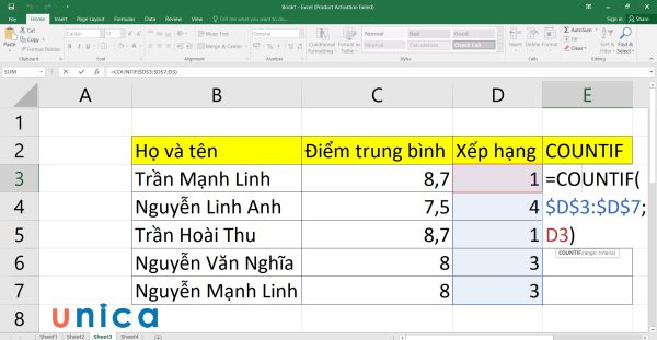 Nhập công thức đếm