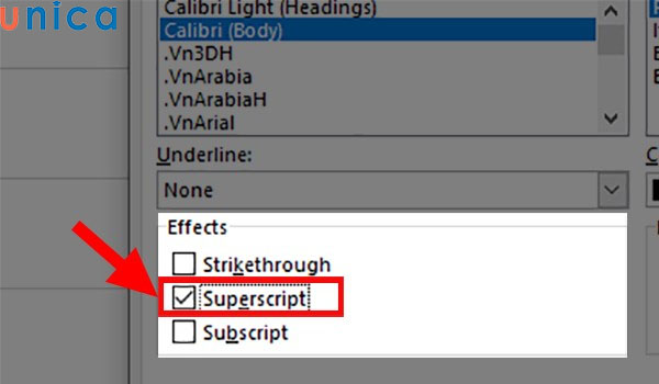 Chọn Superscript 
