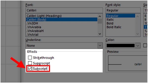 Chọn Subscript 