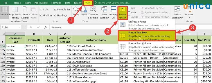 Thao tác khoá dòng trong excel