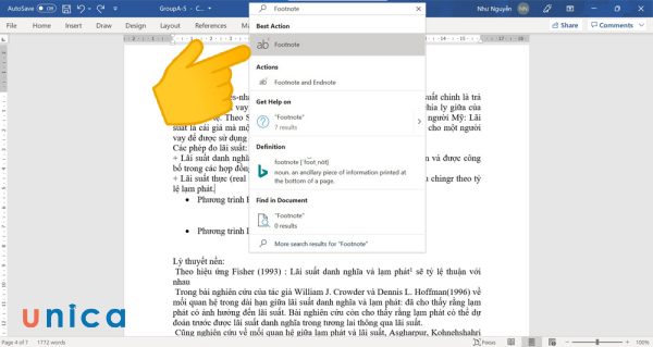 Chọn Insert Footnote từ danh sách kết
