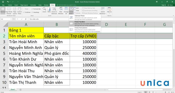 Chọn Freeze Top Row