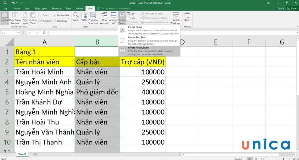 Chọn Freeze First Column