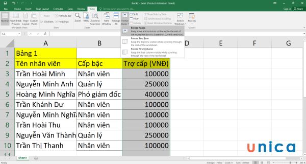 Chọn Freeze Panes để cố định cột B