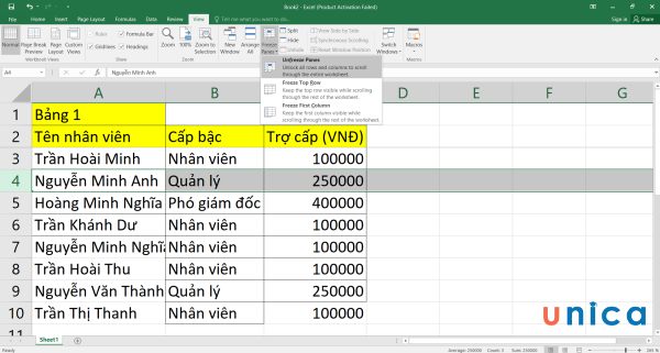 Chọn Unfreeze Panes