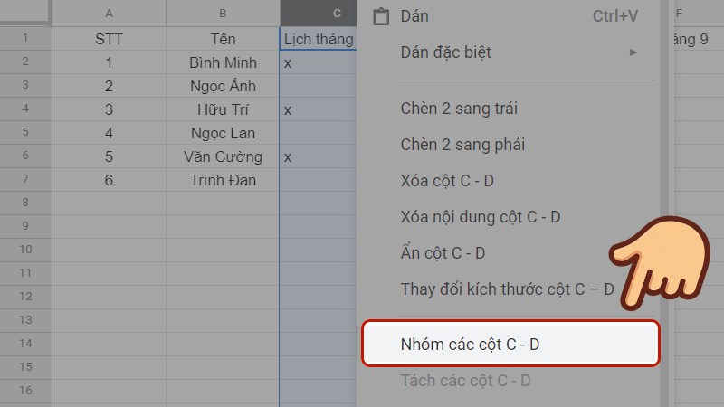 Nhấn chuột phải và chọn lệnh Nhóm các cột C-D