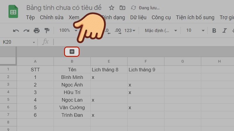 Nhấn vào dấu cộng để hiện lại các cột đã gộp