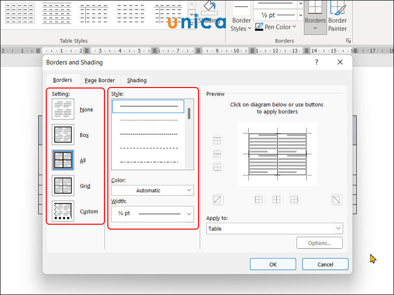 Tùy chỉnh trong hộp thoại Borders and Shading