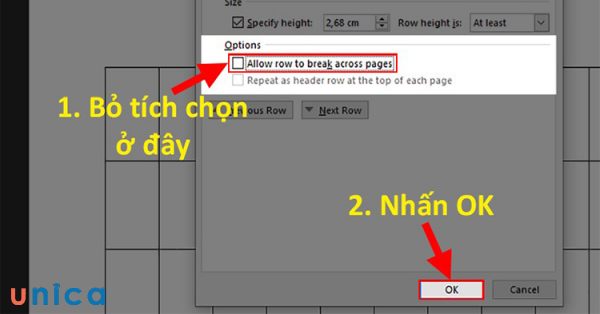 Bỏ chọn Allow row to break across pages