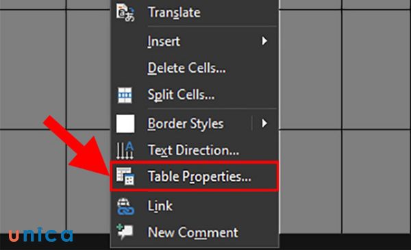 Chọn Table Properties