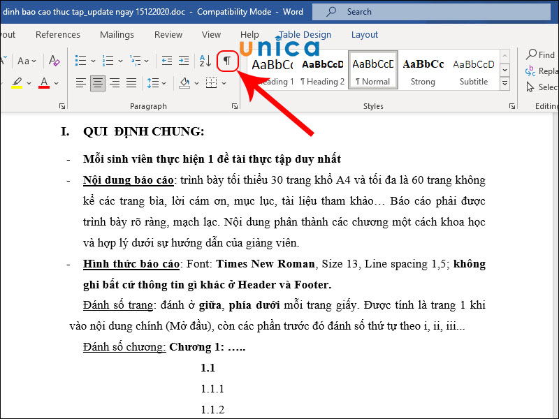 Bật chế độ hiển thị các ký tự ẩn (Show/Hide)