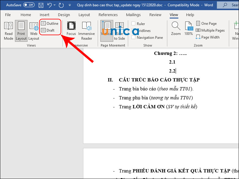 Chuyển chế độ xem trang văn bản thành Draft hoặc Outline thay vì mặc định ban đầu là Print Layout