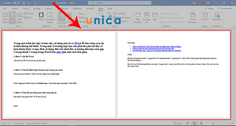 Kết quả của cách gộp 2 trang thành 1 trang trong word