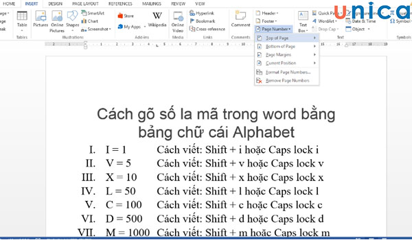 Chèn số la mã trong word bằng Page Number