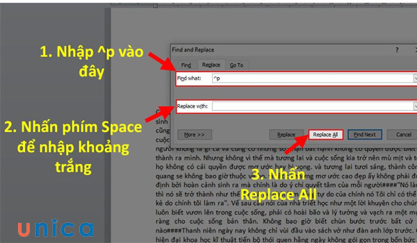 Thao tác thay thế các khoảng trắng khi xuống dòng