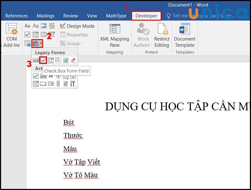 Đặt trỏ chuột tại vị trí mà mình muốn chèn Checkbox