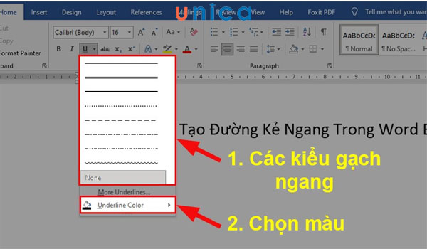 Chọn kiểu gạch ngang trong word