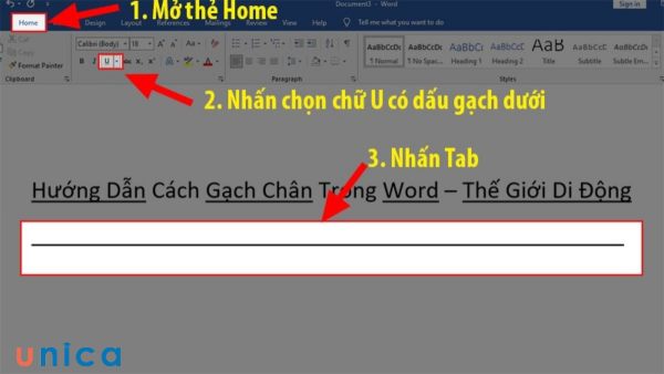 Gạch chân chữ trong Word dưới khoảng trống