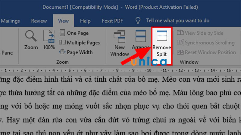 Click vào Remove Split để bỏ cố định trong Word