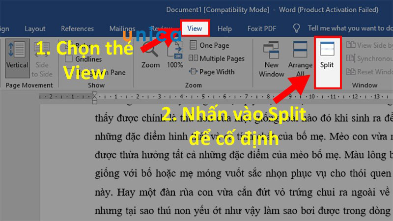 Chọn thẻ view và chọn Split