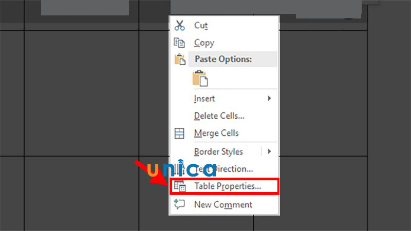 Chọn vào mục Table Properties