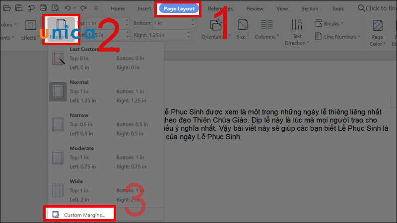 Chọn mục custom margins