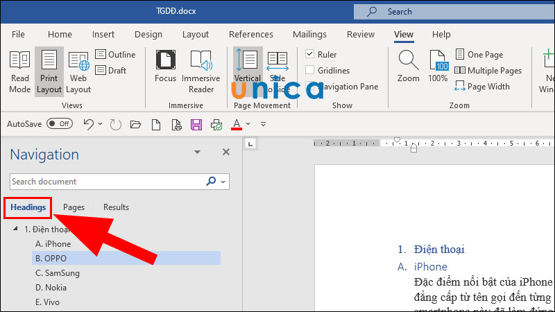 Nhấn chọn Headings