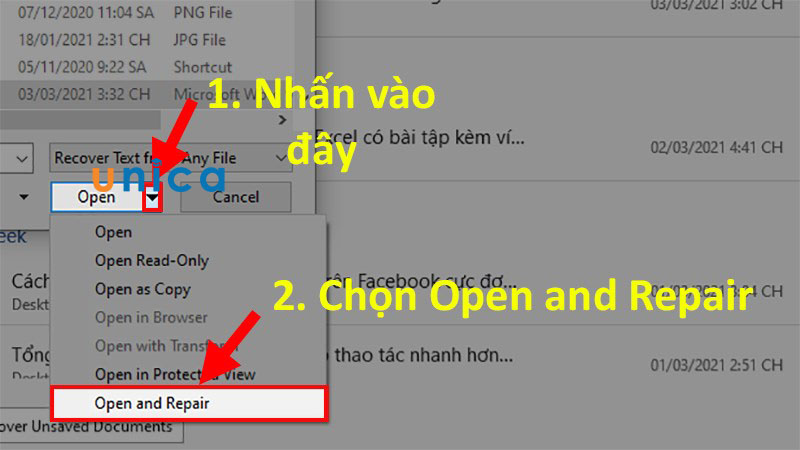 Vào mục Open and Repair