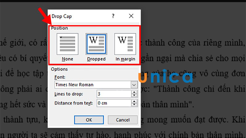 Cách chỉnh vị trí cho Dropcap trong Word - bước 4