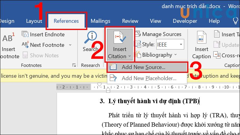 Thao tác trích nguồn trong word