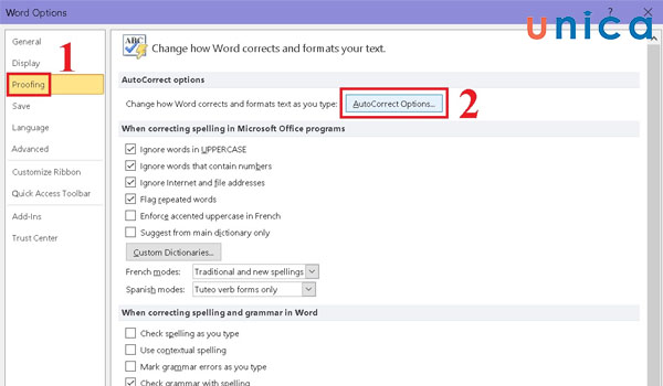 Chọn AutoCorrect options