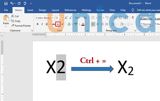 Cách viết chỉ số dưới bằng tổ hợp phím Ctrl + =