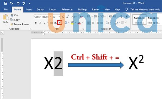 Cách viết chỉ số trên bằng cách sử dụng tổ hợp phím Ctrl + Shift + =