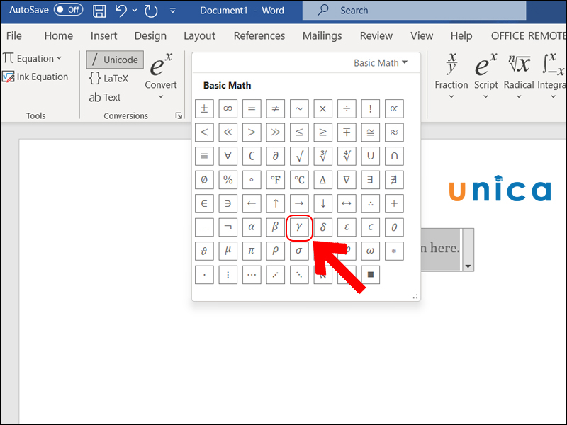 Chọn ký hiệu Gamma để chèn
