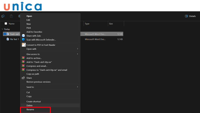 Chọn Rename để đổi tên file Word