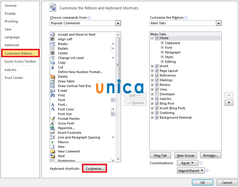 Chọn Customize Ribbon